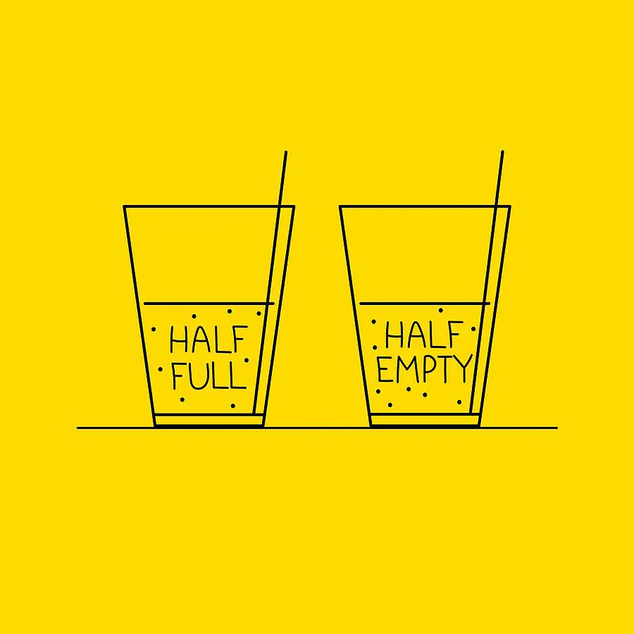 Half full and half empty glass. Life philosophy of optimist and pessimist