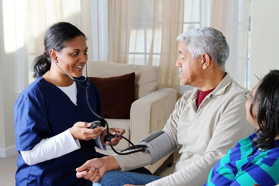 Home health care worker and an elderly couple