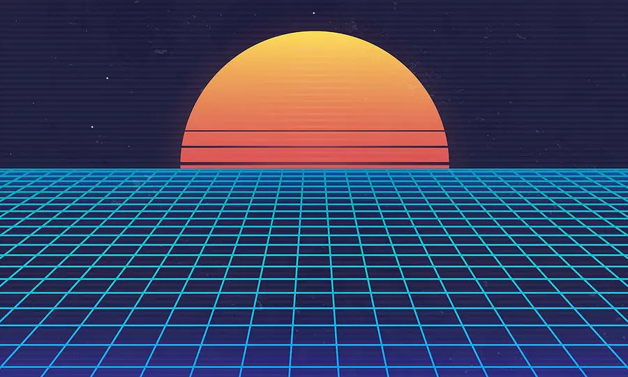 1980s Retro Futuristic Background. Retro Sunset With Laser Grid.