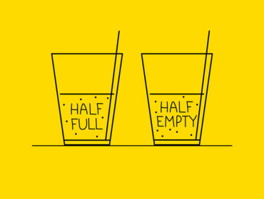 Half full and half empty glass. Life philosophy of optimist and pessimist